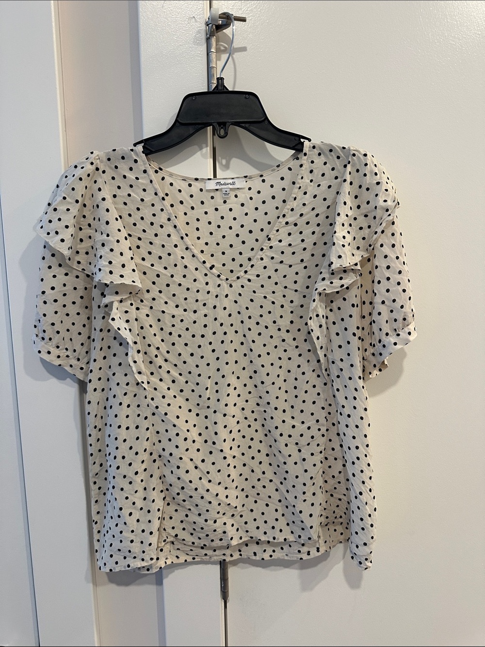 Madewell Cream Blouse with Black Polka Dots and Ruffle Sleeves